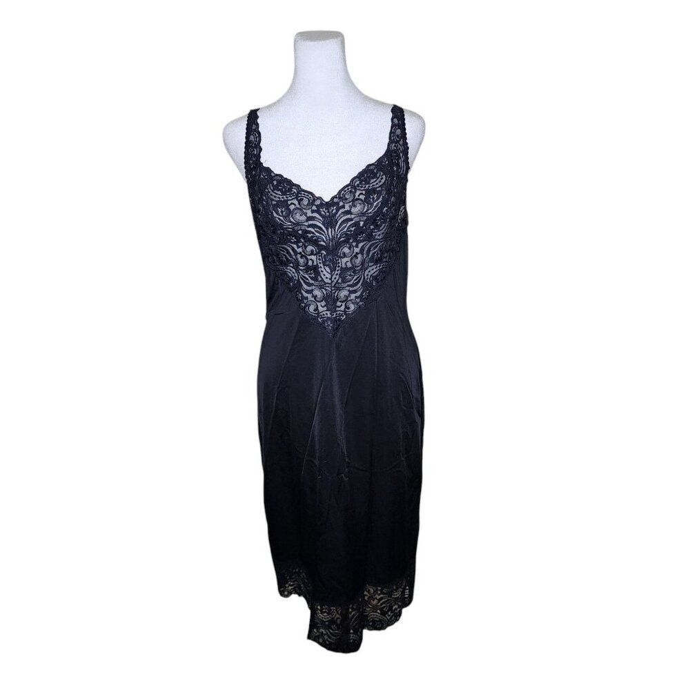 Vintage 80s Lace Trim Nylon Slip Womens M Black Ballerina Top